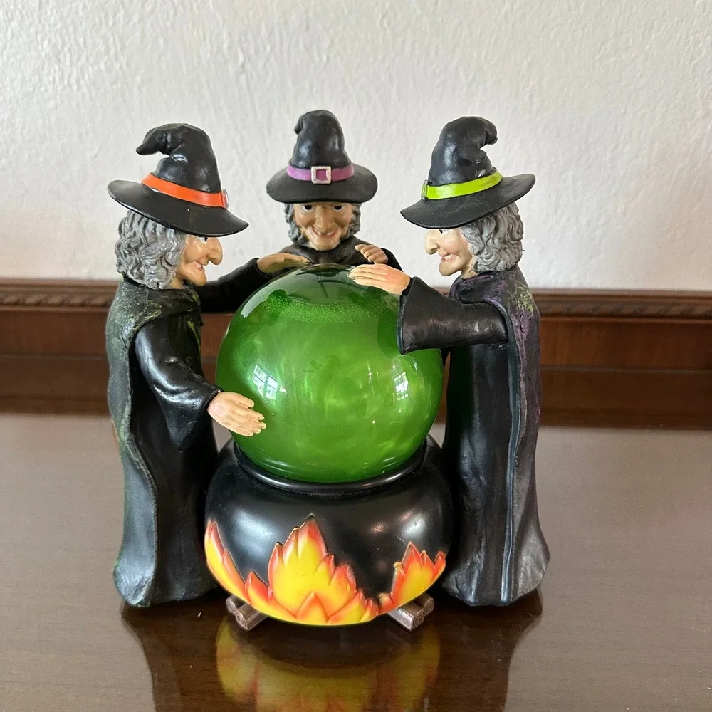 Halloween Snow Globe Three Witches Green Glowing Swirl Cauldron Over Fire 9in